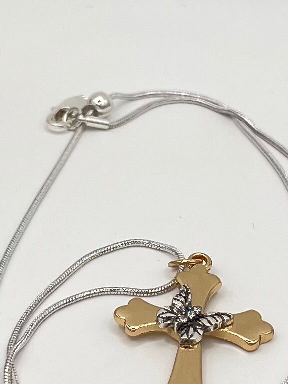 Gold and Silver Tone Cross Necklace with Butterfly Accent