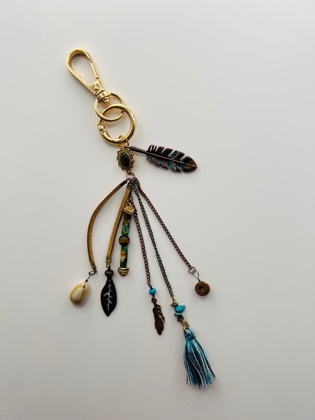 Boho Feather Charm Keychain with Turquoise Accents