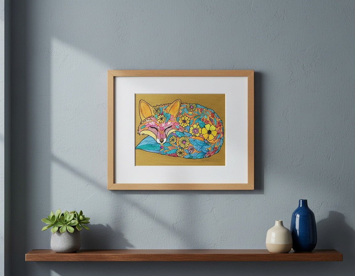 Whimsical Floral Fox Watercolor Painting – Original 9x12 Artwork with White Mat