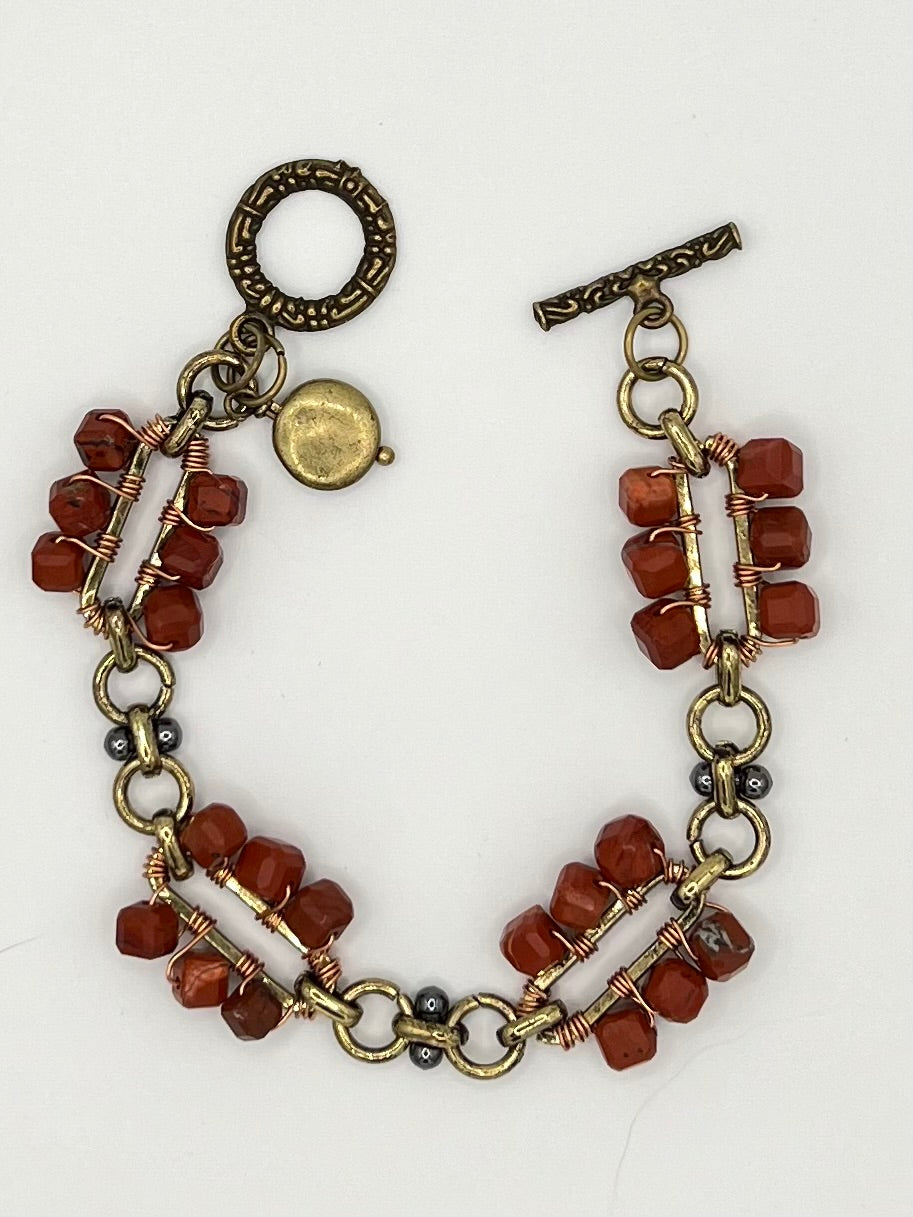 Mixed Metal Wire Wrapped Red Stone Bracelet