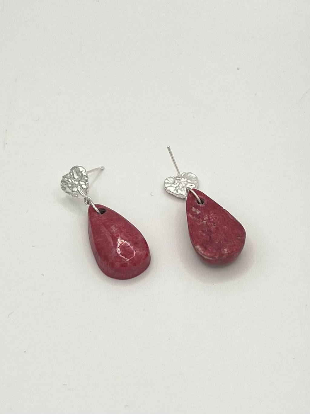 Genuine Russian Thulite Teardrop Earrings – Sterling Silver Heart Studs