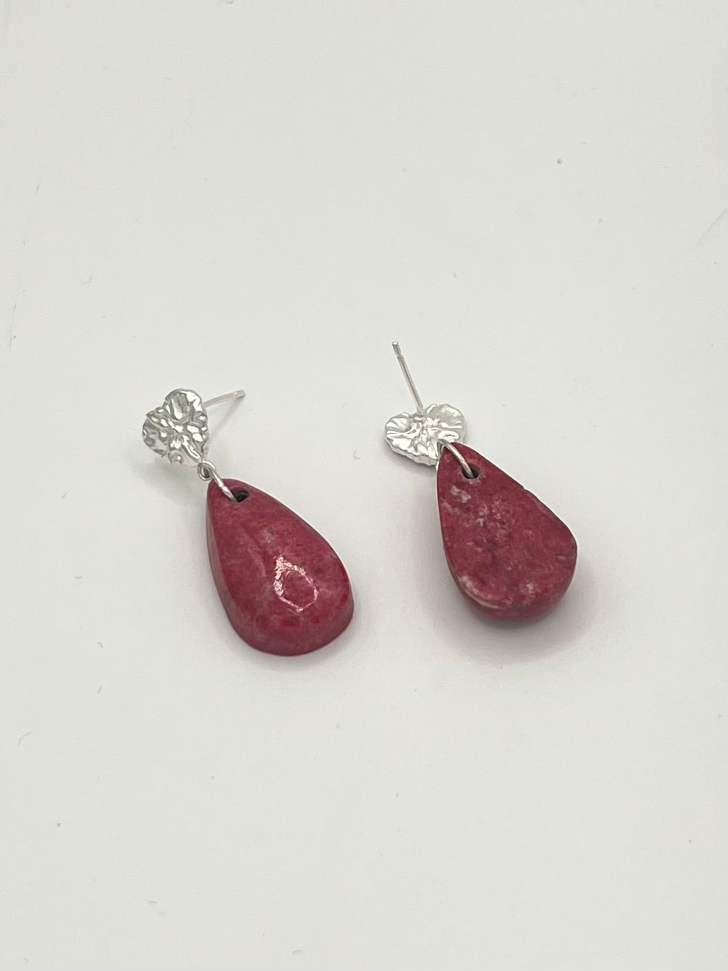 Genuine Russian Thulite Teardrop Earrings – Sterling Silver Heart Studs
