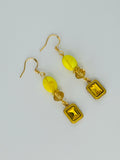 Yellow Beaded and Gemstone Dangle Earrings Set in Gold Tone