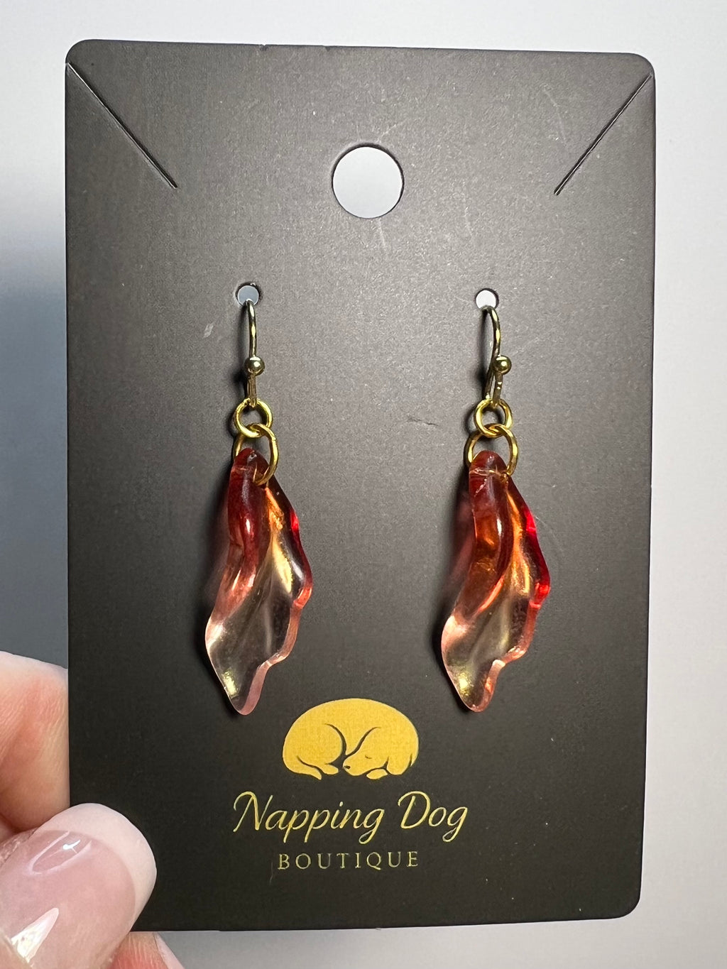 Red & Smoke Glass Leaf Dangle Earrings – Gold-Tone Fall Earrings