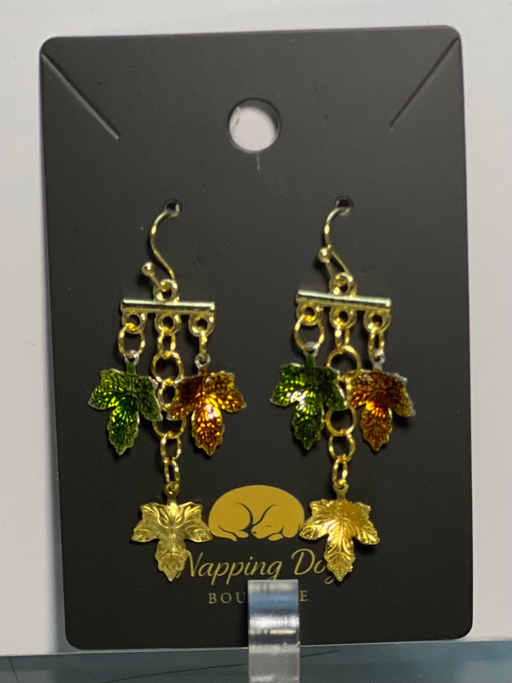 Autumn Leaf Chandelier Earrings – Gold-Tone Green & Copper Dangles