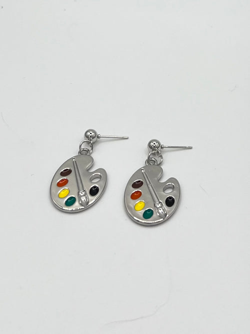 Artist Paint Palette Stud Earrings – Silver Tone Enamel Art Lover Earrings