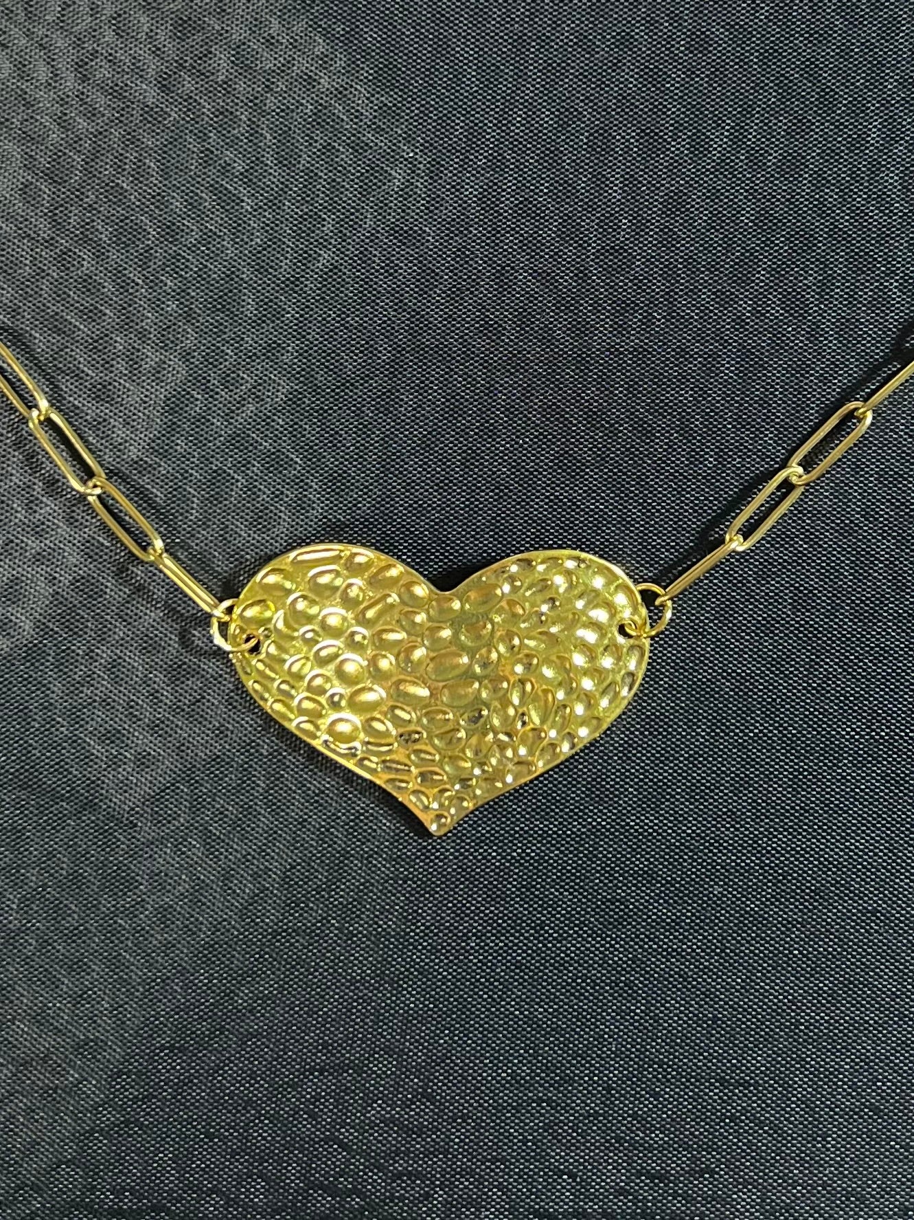 Gold Tone Hammered Heart Pendant Necklace – Stainless Steel Chain