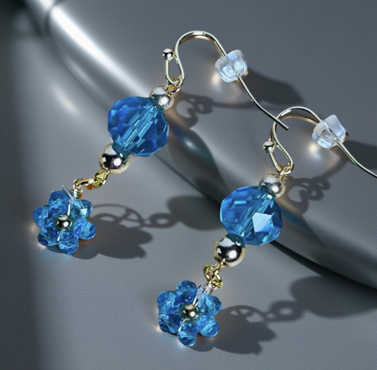 Gold Tone and Blue Glass Bead Dangle Earrings Accented with Blue Flowers