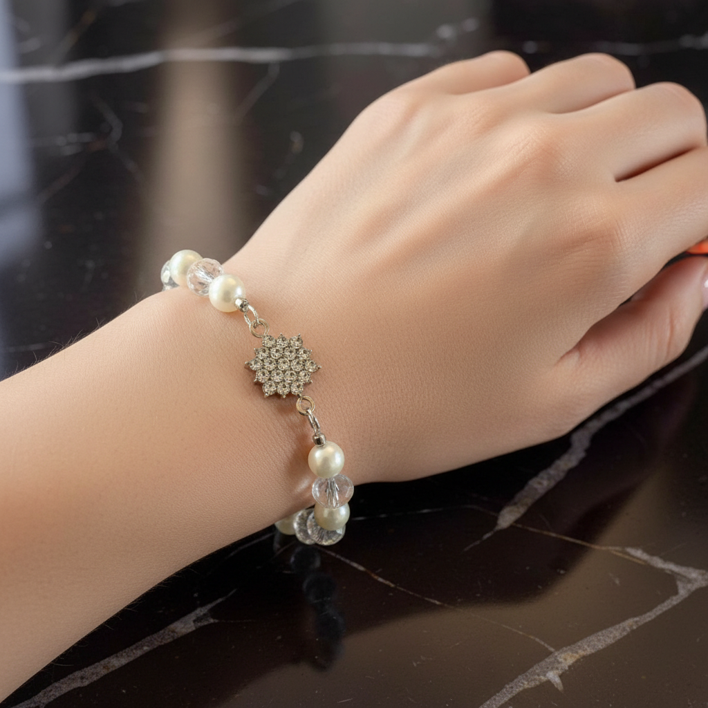 Pearl & Crystal Bracelet with Rhinestone Starburst Charm and Magnetic Closure