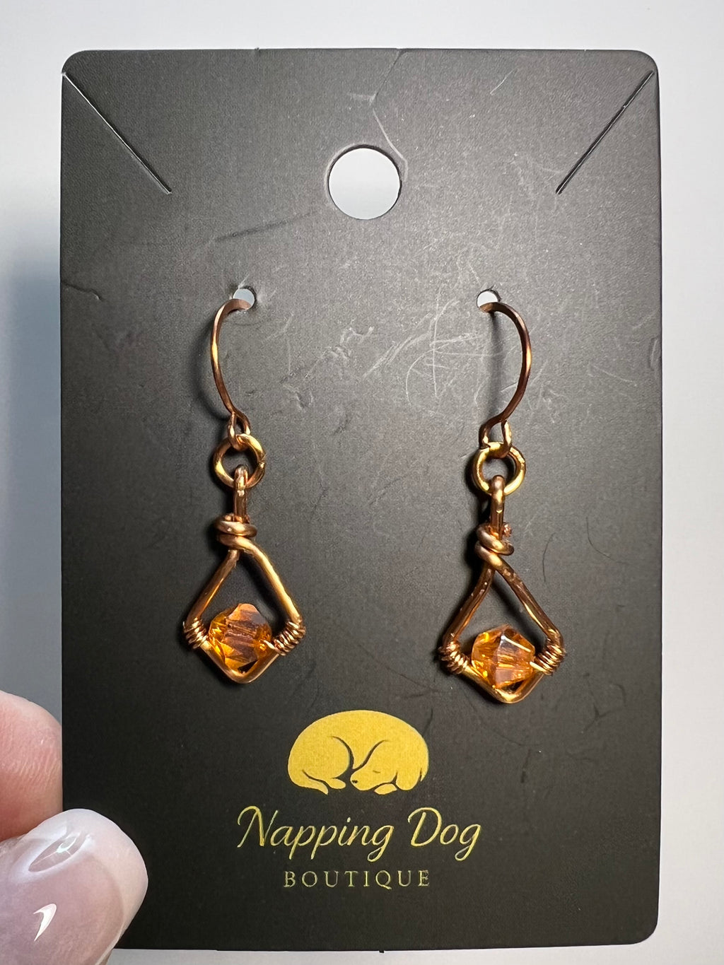 Hand-Wired Copper Geometric Dangle Earrings – Amber Bead Accent