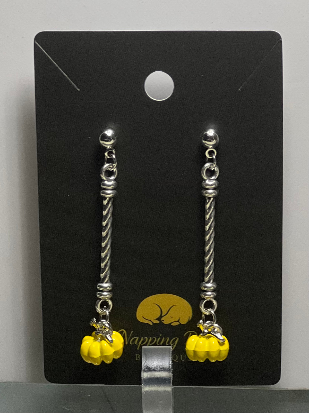 Yellow Ceramic Pumpkin Long Dangle Earrings – Silver-Tone Fall Earrings