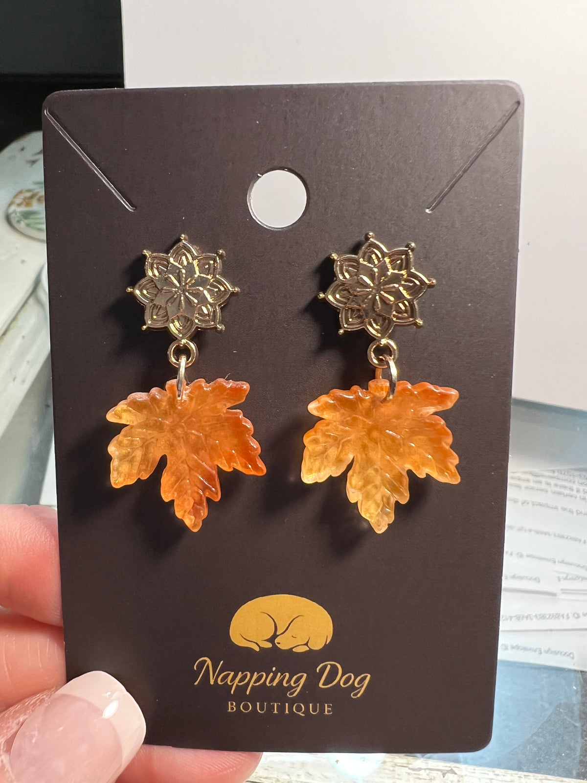 Glass Maple Leaf Dangle Earrings – Gold-Tone Floral Post Earrings