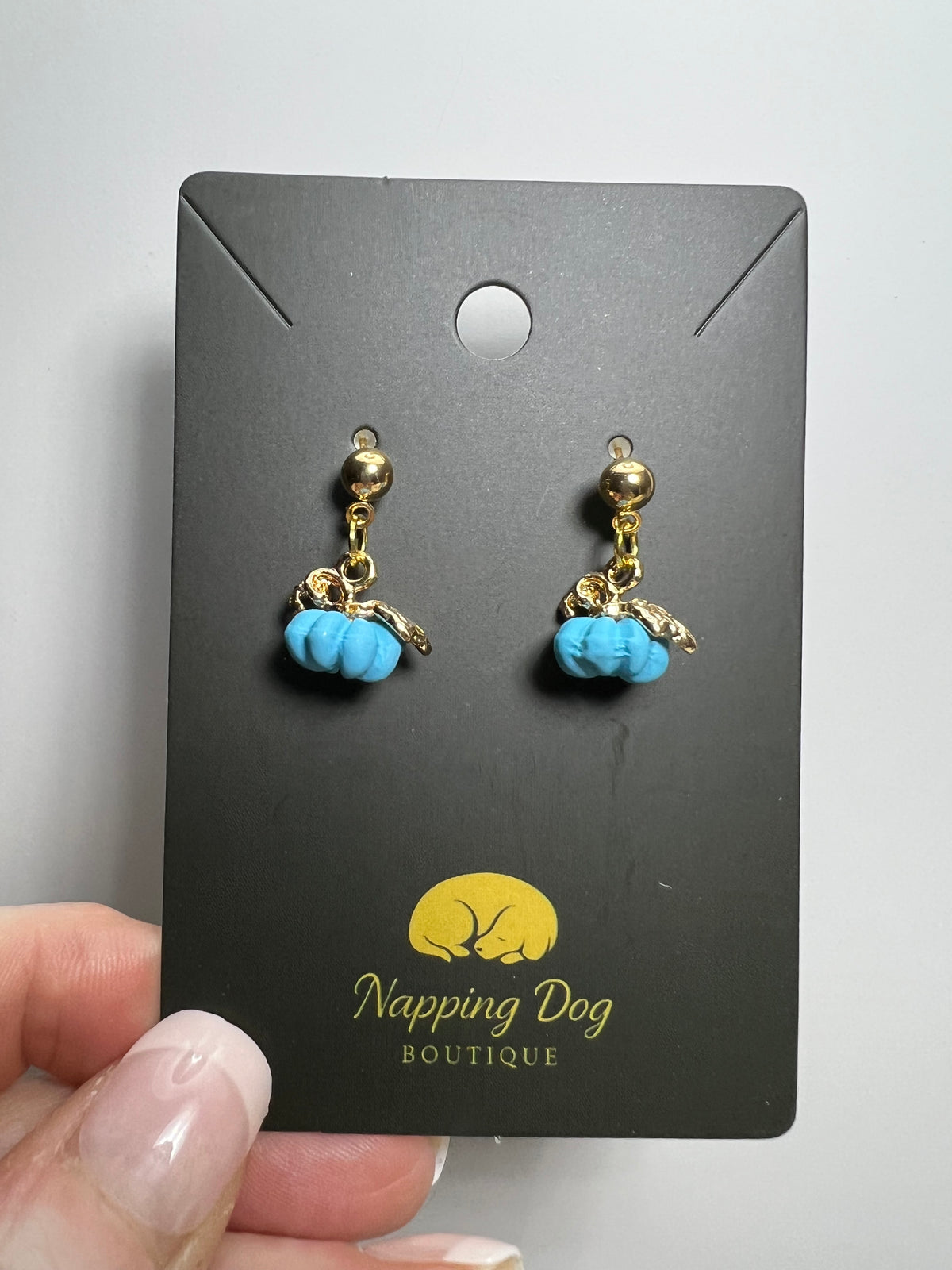 Blue Ceramic Pumpkin Post Earrings – Gold-Tone Fall Dangle Earrings