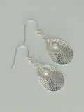 Silver Tone Oval Floral Pattern with Faux Pearl Accent