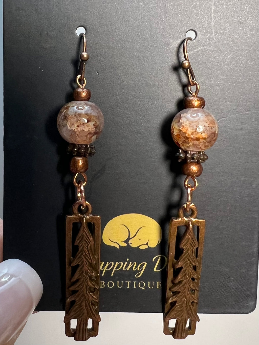 Bronze Tree Dangle Earrings with Natural Stone Beads