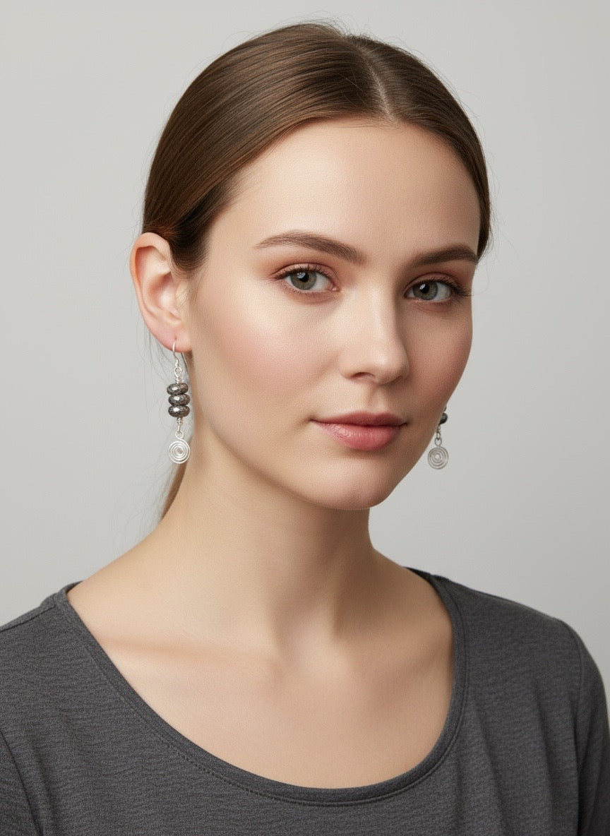 Genuine Pyrite & Sterling Silver Spiral Earrings