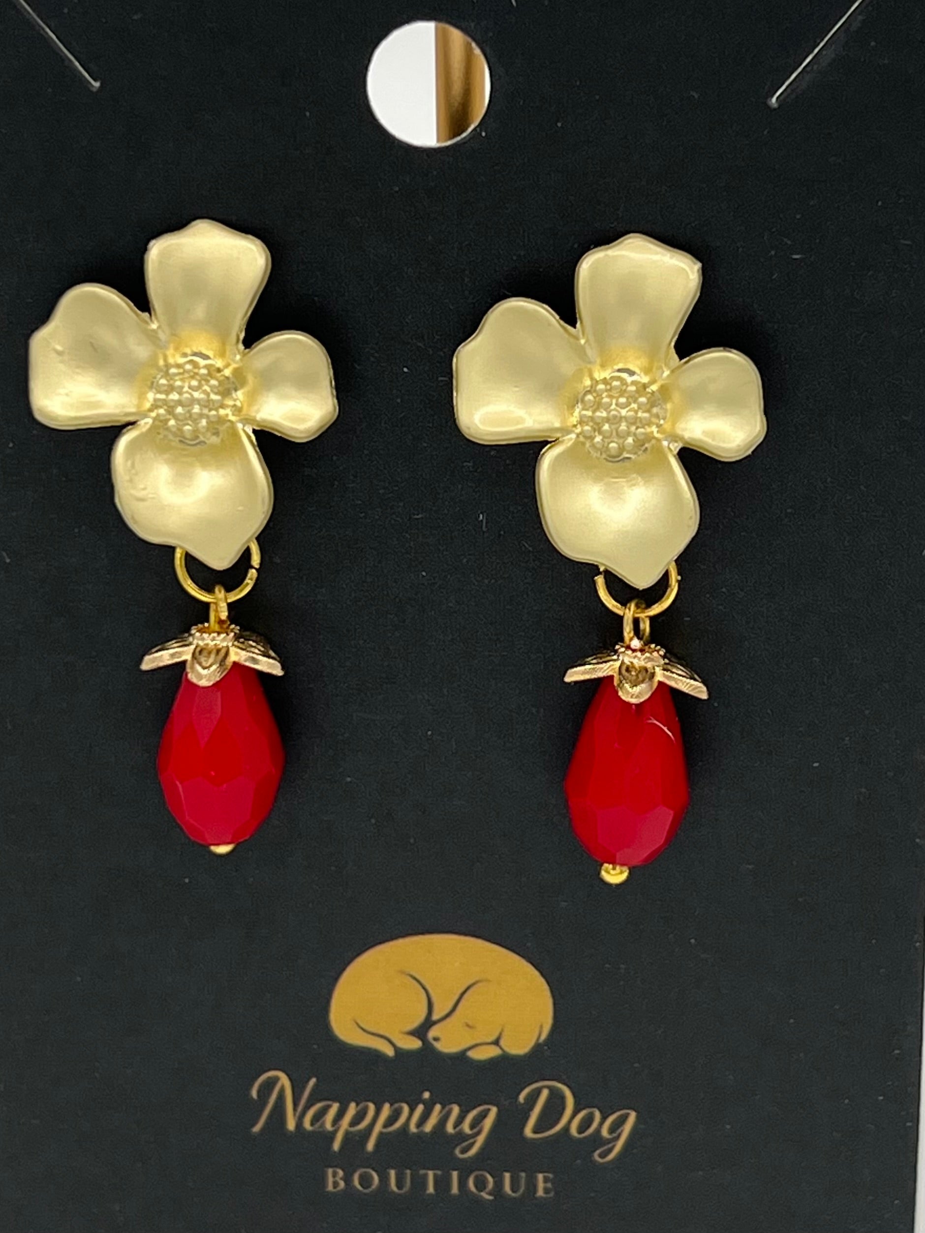 Gold Floral Earrings with Red Teardrop Crystal Dangle