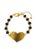 Gold Hammered Heart Bracelet with Black Beads