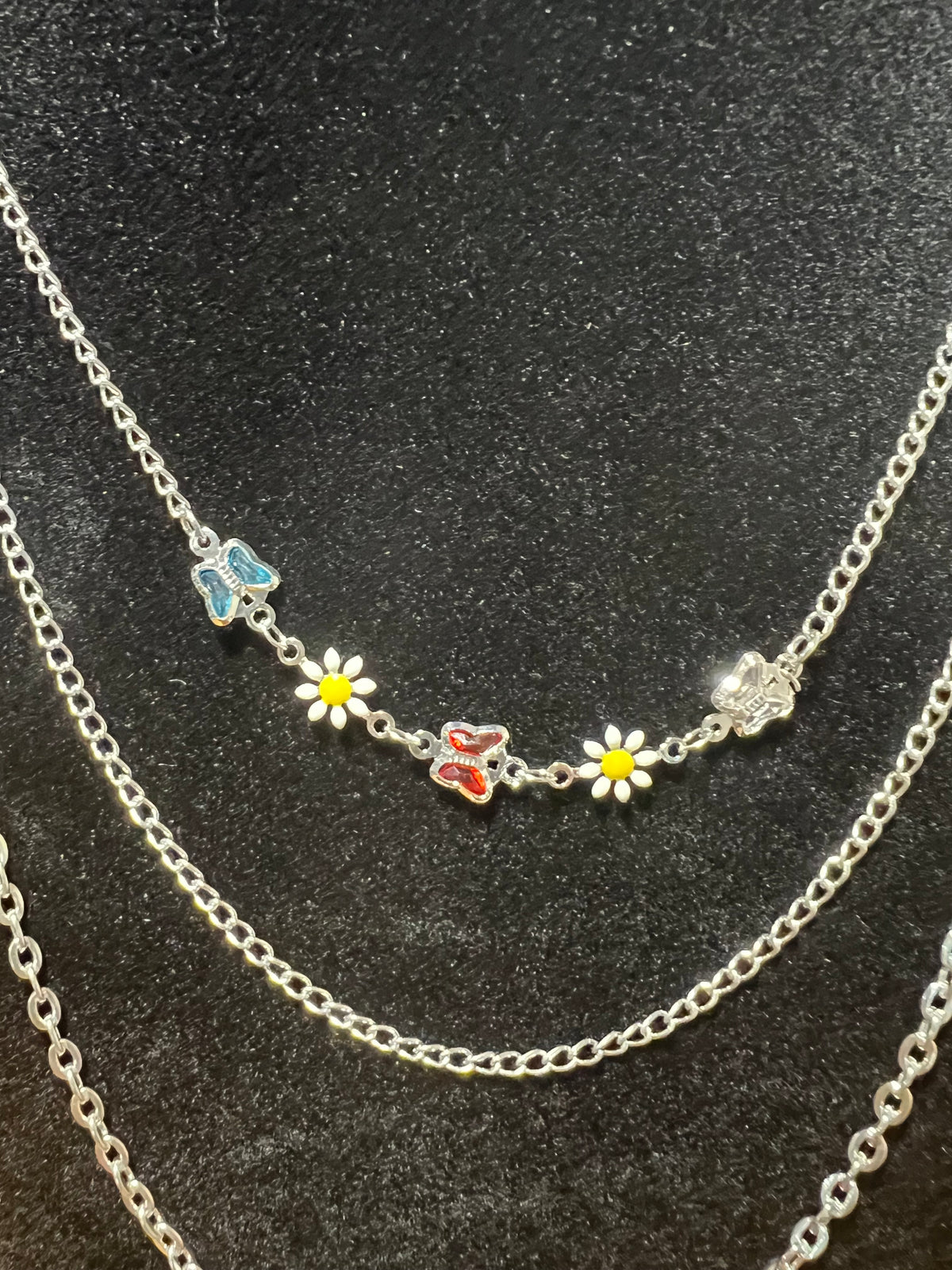 18K White Gold-Filled Triple-Layer Butterfly & Daisy Necklace (Copy)