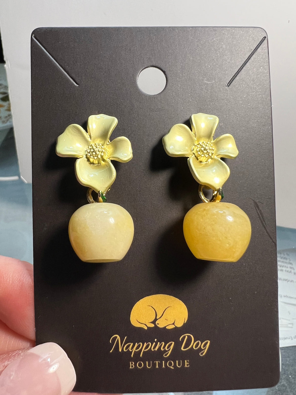 Yellow Jade Dangle Earrings with Gold-Tone Flower Posts – Natural Stone Earrings