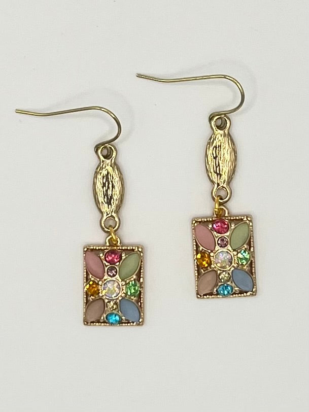 Gold Multi-Color Crystal Mosaic Dangle Earrings