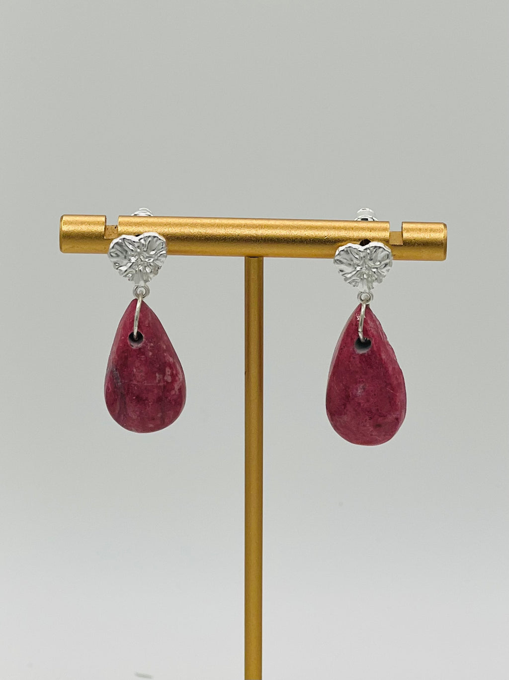 Genuine Russian Thulite Teardrop Earrings – Sterling Silver Heart Studs