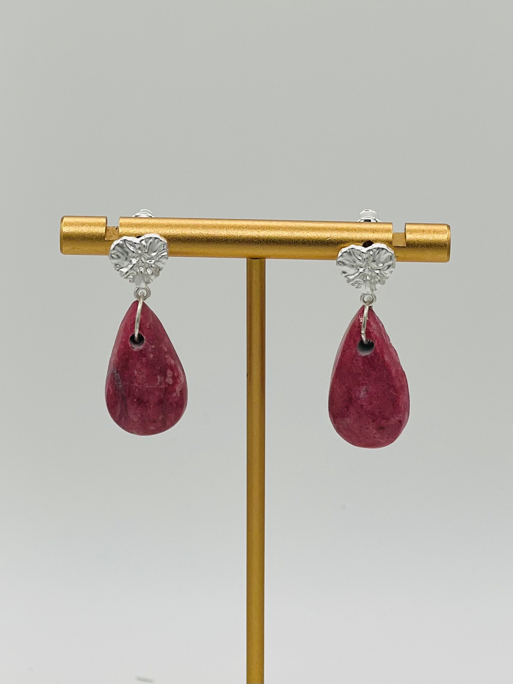 Genuine Russian Thulite Teardrop Earrings – Sterling Silver Heart Studs