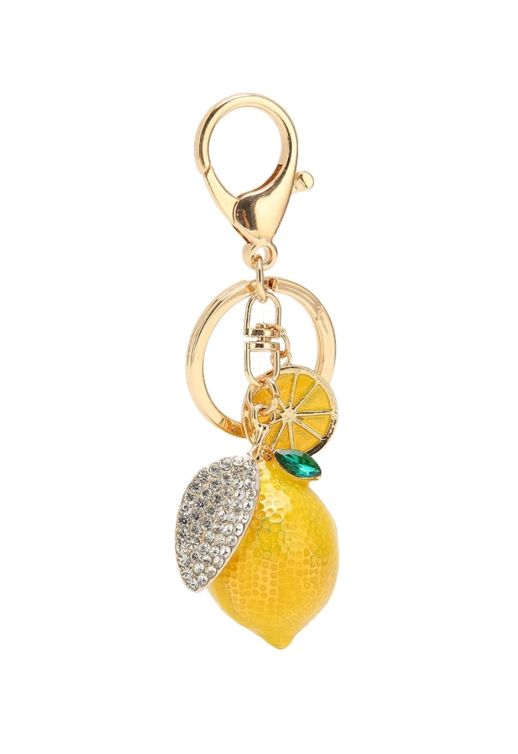 Rhinestone Lemon Keychain with Yellow Braided Strap