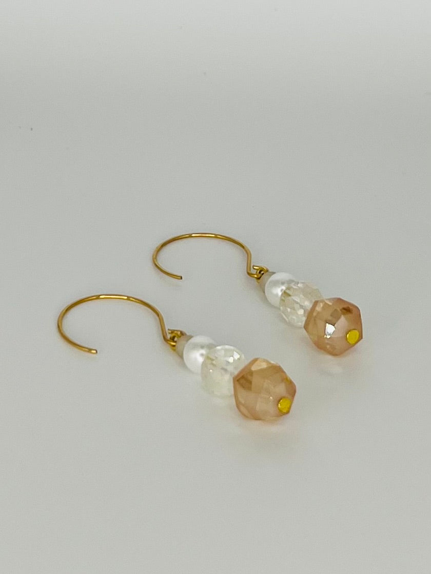 Amber, Pale Yellow and Faux Pearl Dangle Earrings