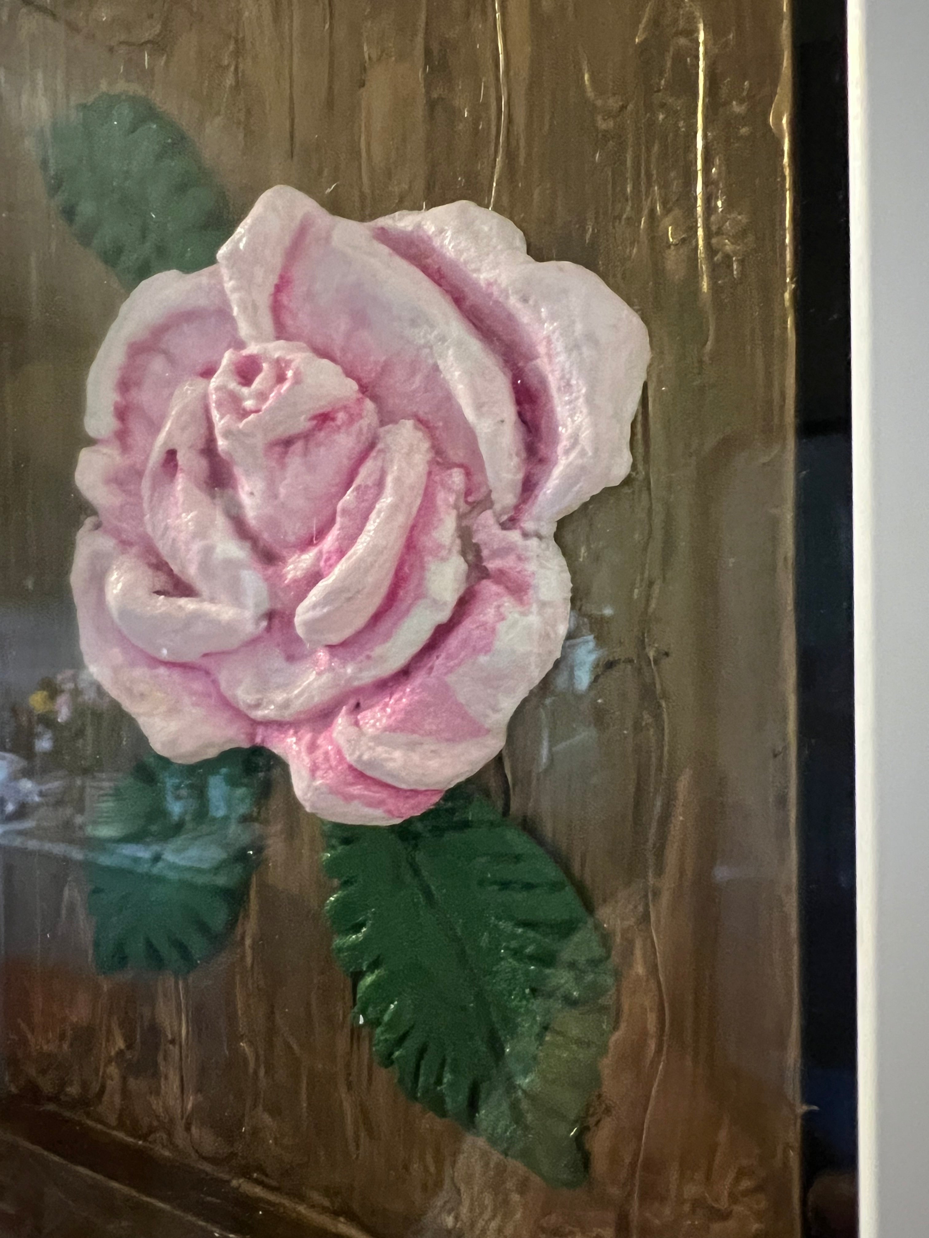 Textured Pink Rose Wall Art – Framed Rustic Floral Acrylic Painting