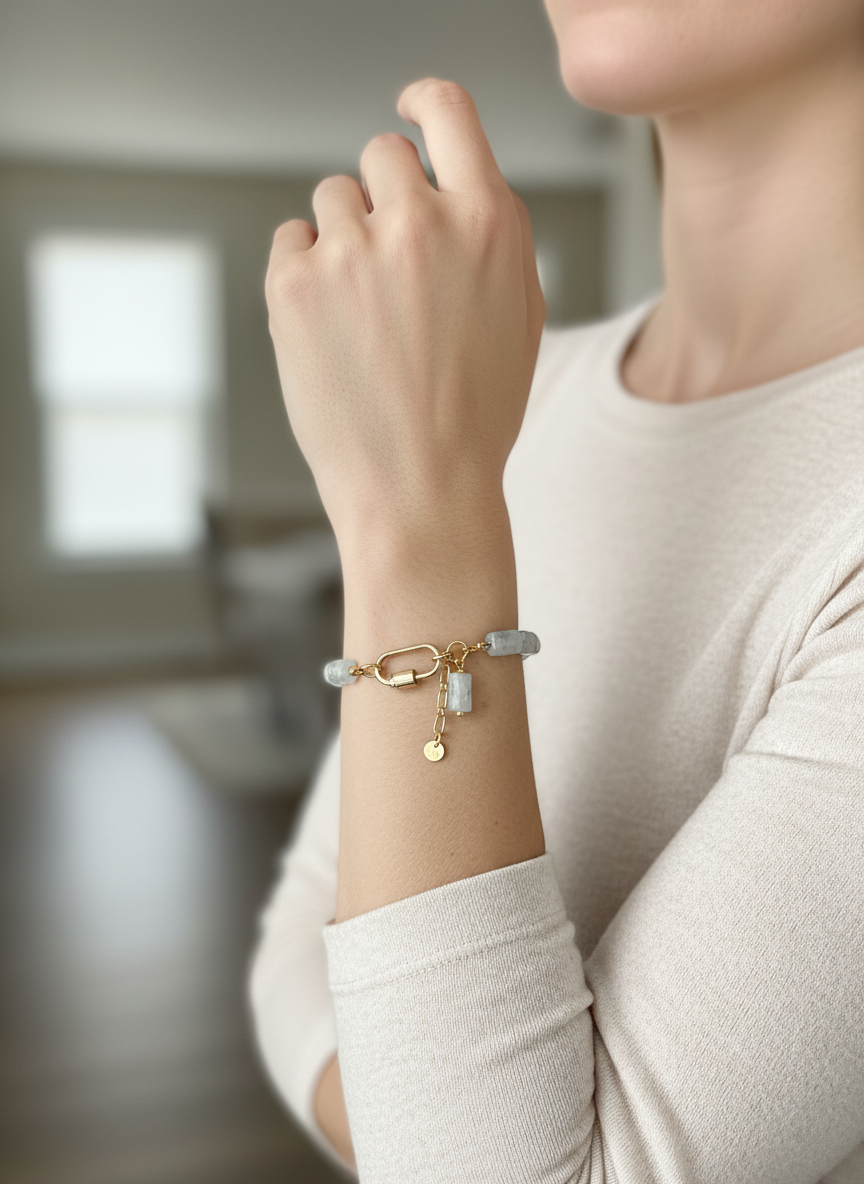 Natural Aquamarine Bracelet – Genuine Gemstone Beaded Bracelet with Gold Clasp