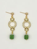 Gold Crystal Circle Drop Earrings with Green Stone