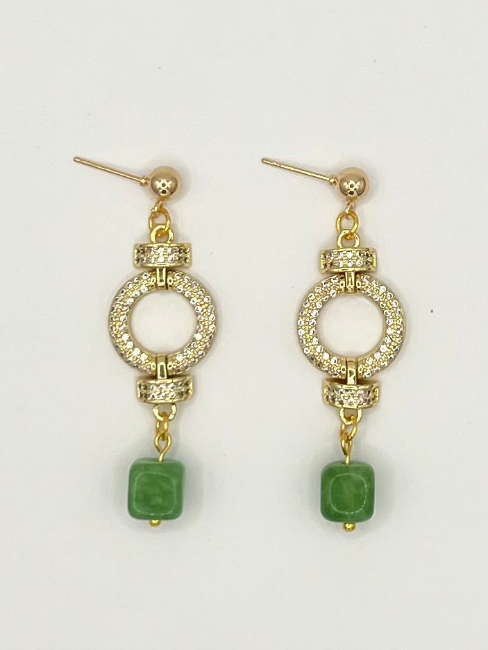 Gold Crystal Circle Drop Earrings with Green Stone