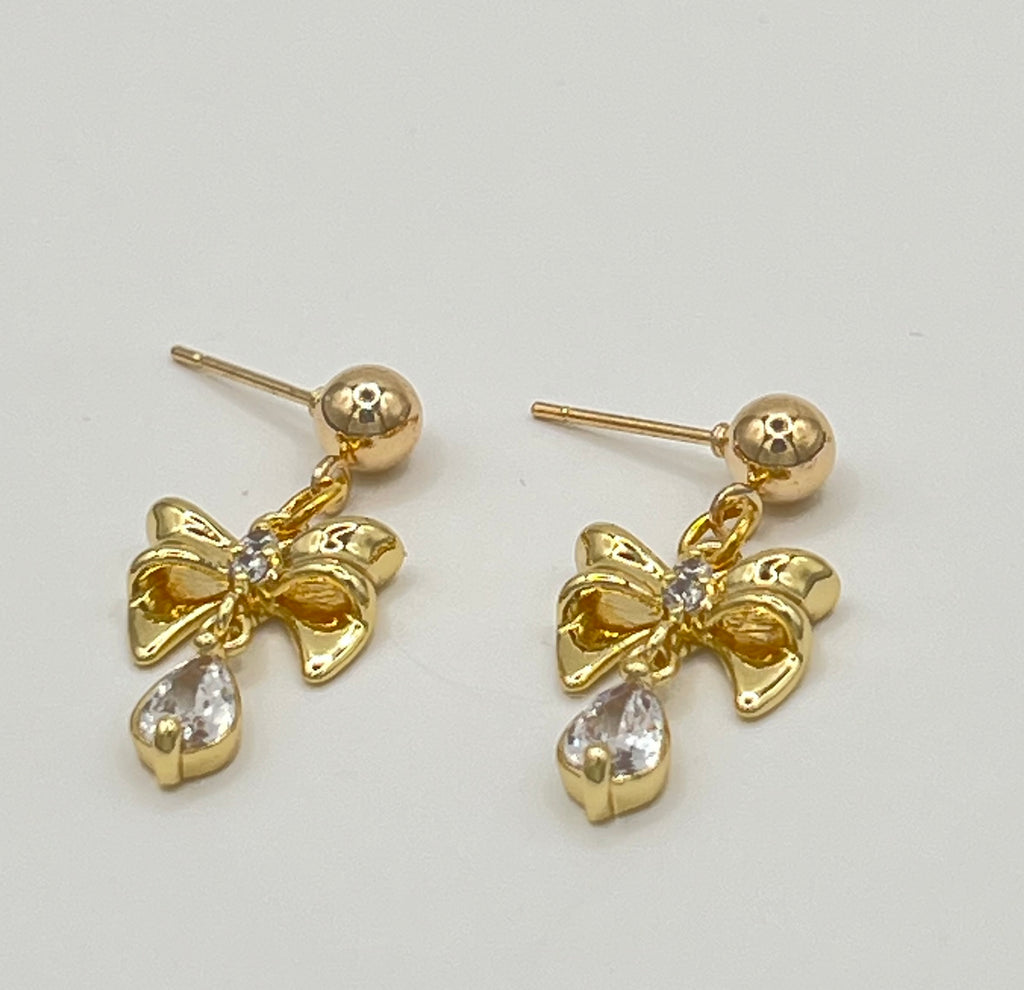 Gold Tone Bow Earrings with Dangle Crystals – Stainless Steel