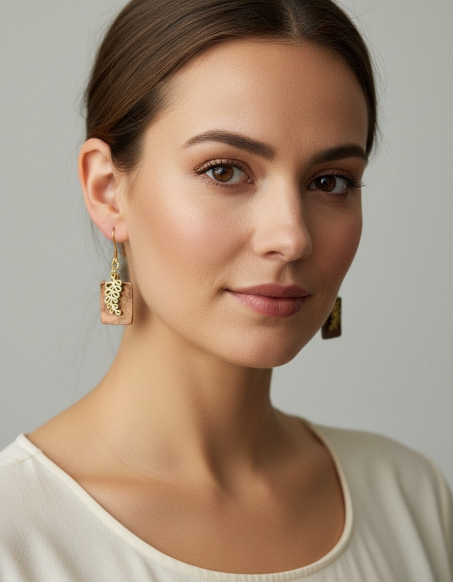 Mixed Metal Copper & Gold Leaf Dangle Earrings