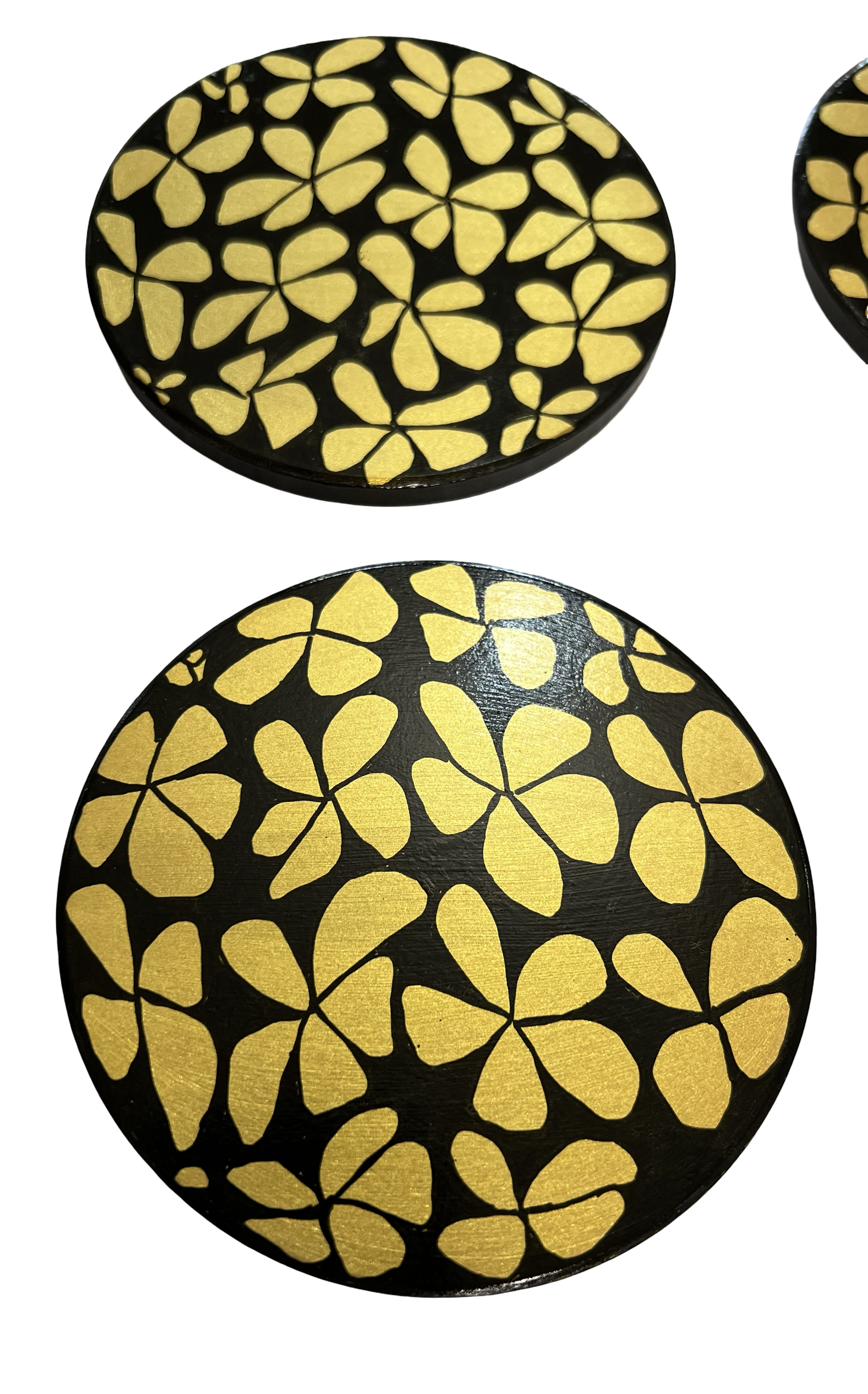 Hand-Painted Black and Gold Floral Coaster Set – Set of 4