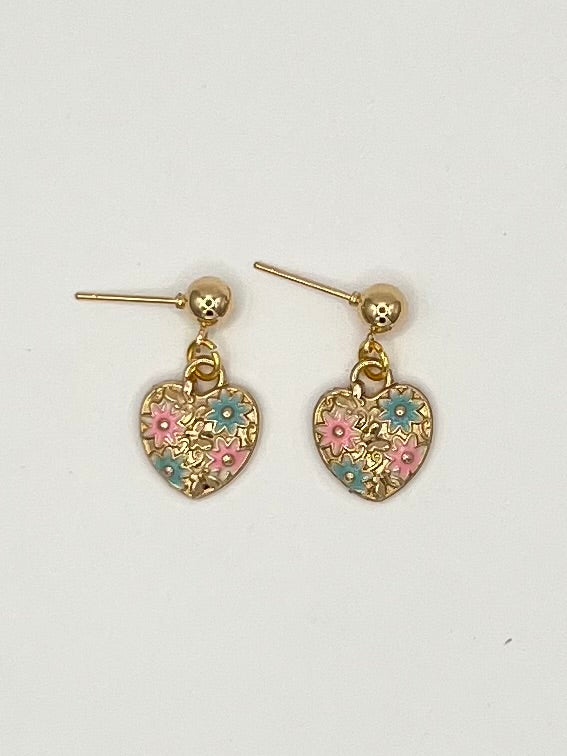 Gold Floral Heart Drop Stud Earrings