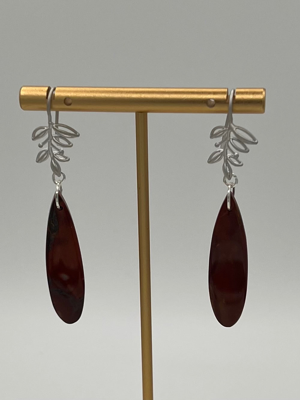 Red Jasper & Brushed Silver Leaf Dangle Earrings