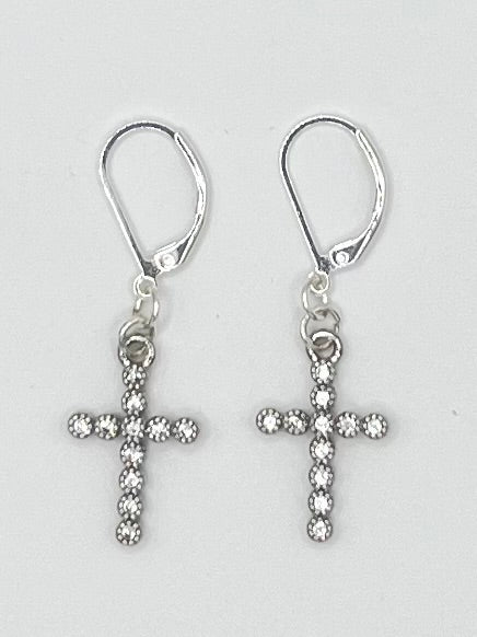 Silver Tone and Rhinestone Cross Drop Earrings