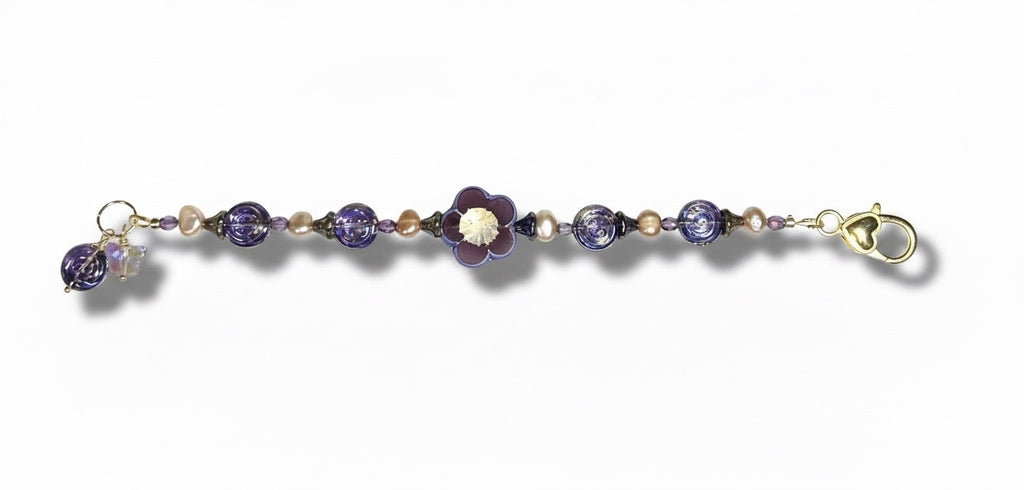 Purple Czech Glass & Peach Pearl Bracelet – Gold-Plated Floral Bracelet