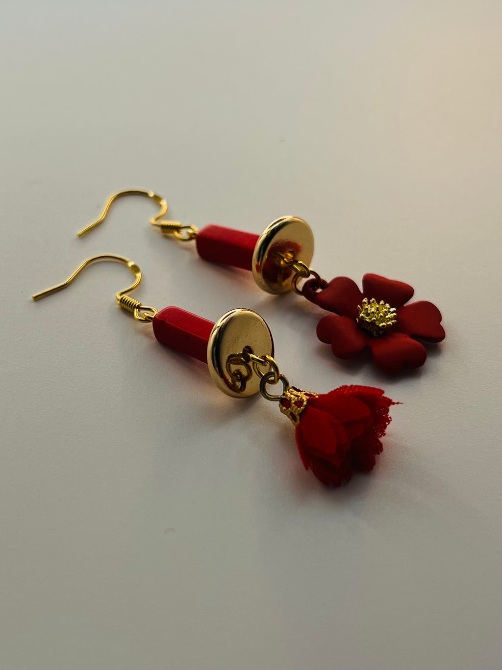 Red and Gold Boho-Style Earrings with Flower and Tassle