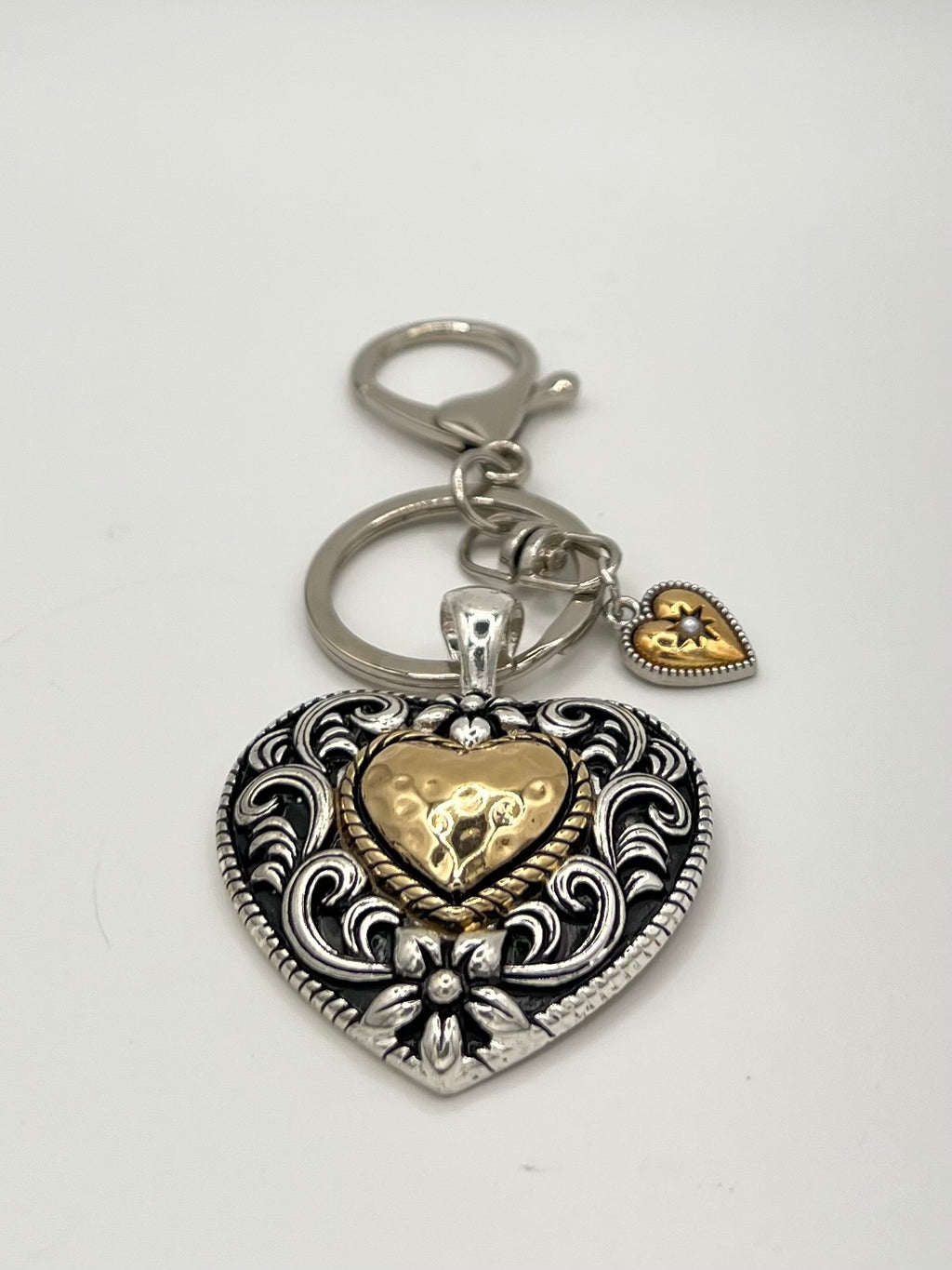 Mixed Metal Heart Keychain with Gold Tone Accent