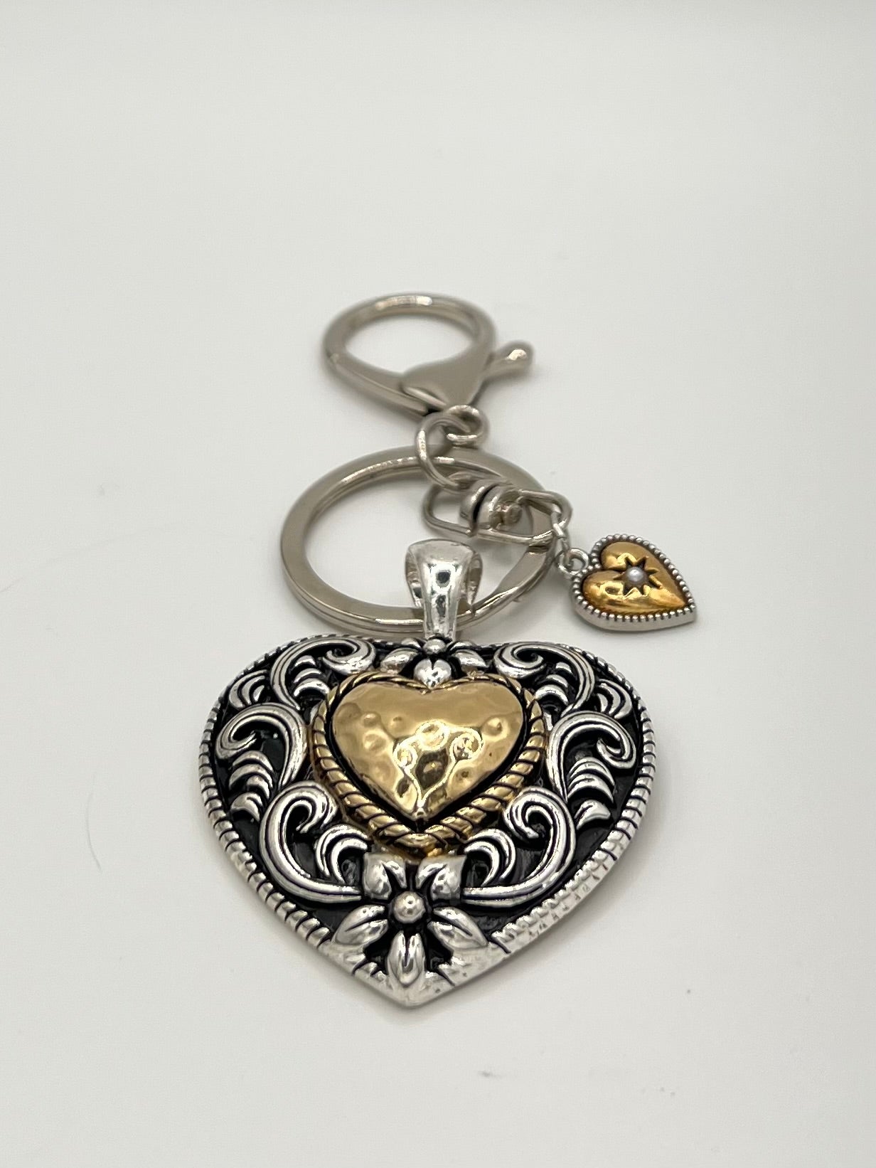 Mixed Metal Heart Keychain with Gold Tone Accent