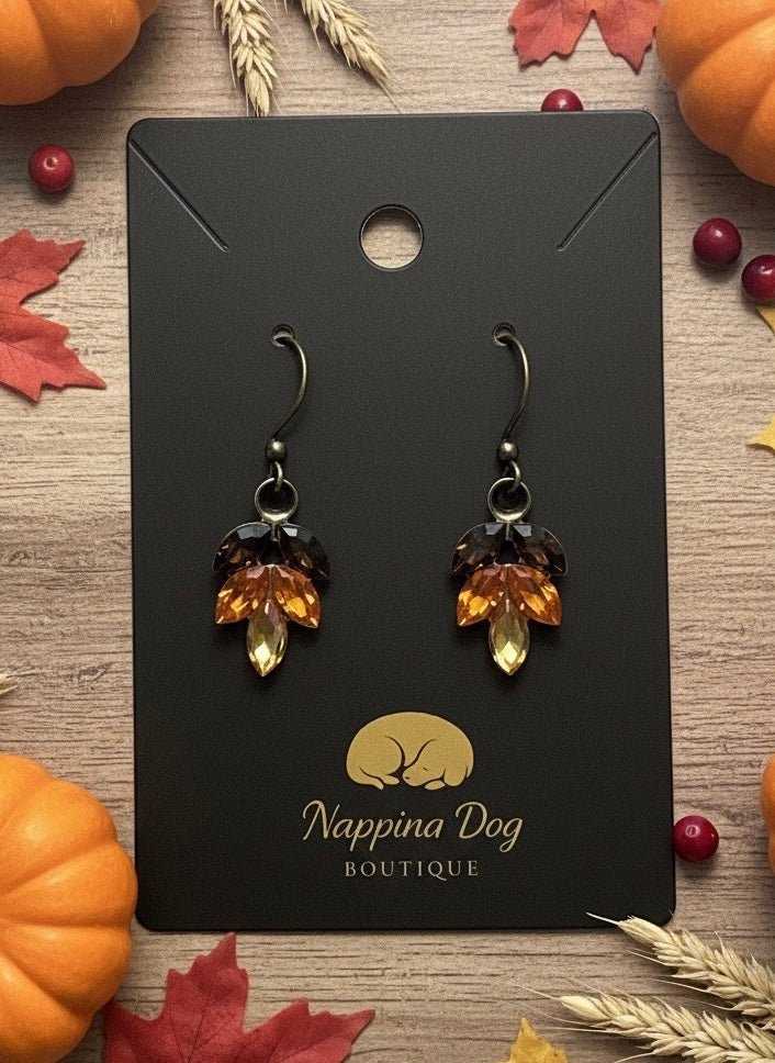 Autumn Crystal Leaf Dangle Earrings – Amber, Brown & Golden Yellow