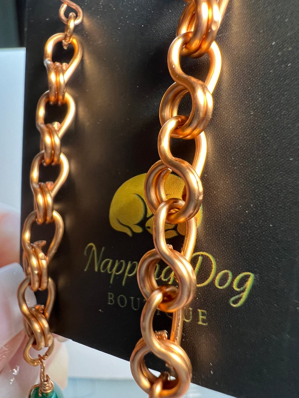 Hand-Twisted Copper Chain Dangle Earrings with Green Stone Drops
