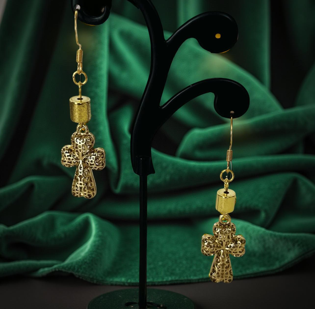 Gold Tone Puff Cross Earrings