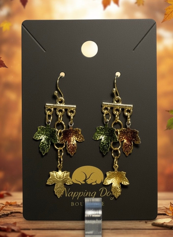 Autumn Leaf Chandelier Earrings – Gold-Tone Green & Copper Dangles