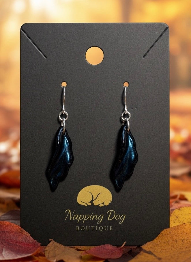 Black Glass Leaf Dangle Earrings with Blue Shimmer – Silver-Tone Earrings