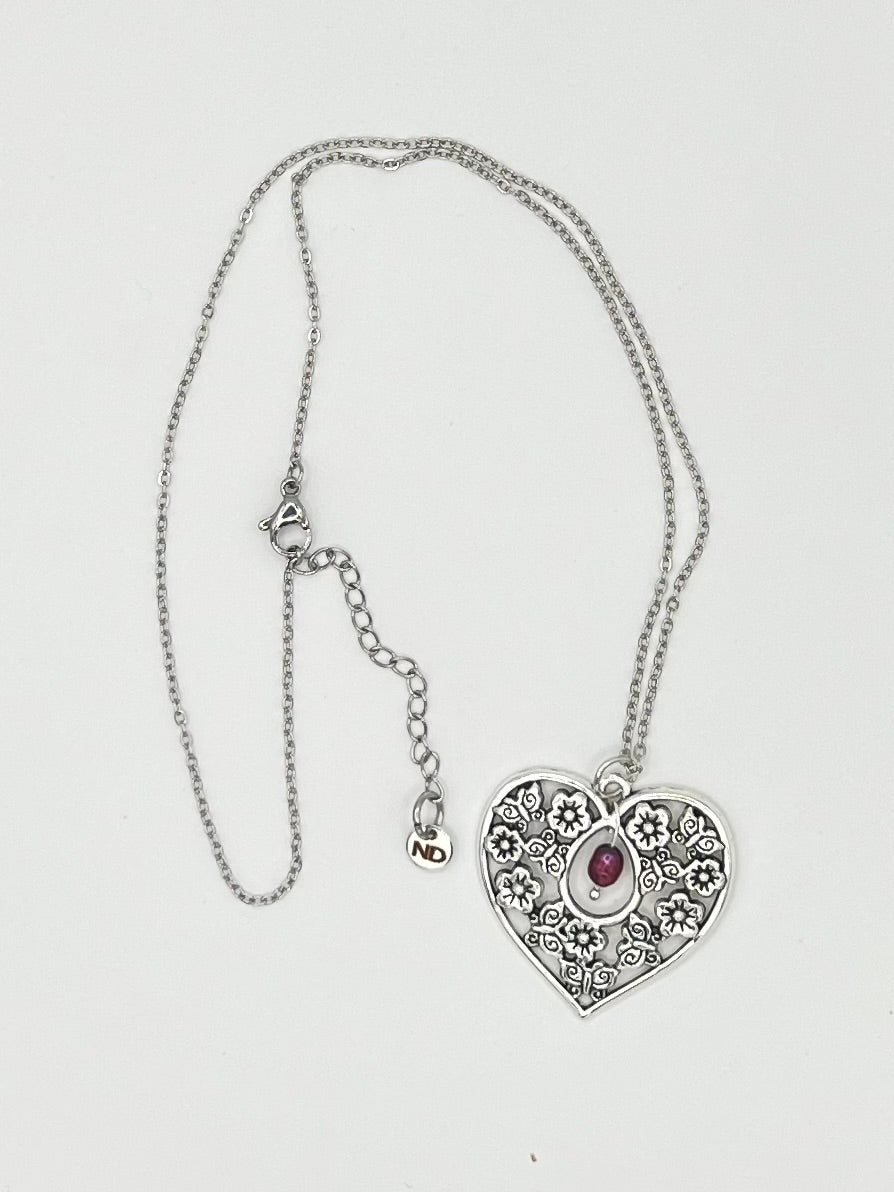 Floral Heart Pendant Necklace with Burgundy Freshwater Pearl