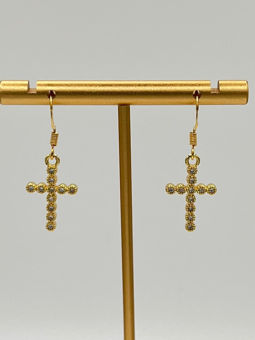 Gold Tone and Rhinestone Cross Drop Earrings